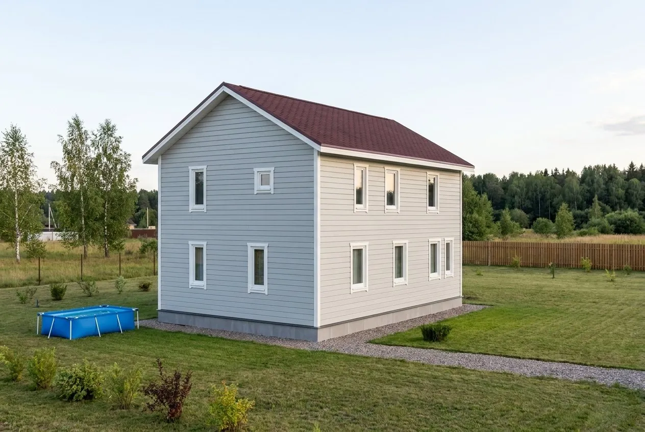 Каркасный дом 8×12 м в два этажа, пять спален, с двускатной кровлей из мягкой черепицы, вид сзади-справа: на торце 1-й этаж — 2 окна, 2-й этаж — 2 окна; на длинной стене 1-й этаж — 4 окна, 2-й этаж — 3 окна; рядом для масштаба — каркасный бассейн 3,0 × 2,0 м, высота борта 0,76 м.
