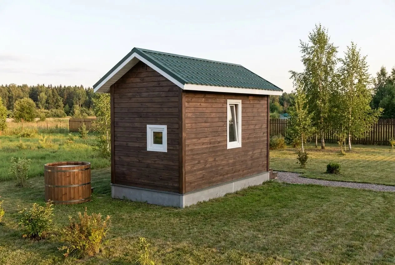 Каркасная баня 3×6 м (моечная, предбанник, парная в ряд) с двускатной кровлей из металлочерепицы, вид сзади-справа: на торце 1 малое окно; на длинной стене 1 окно; рядом для масштаба — деревянная купель-бочка (Ø 1,5 м, высота 1,2 м).