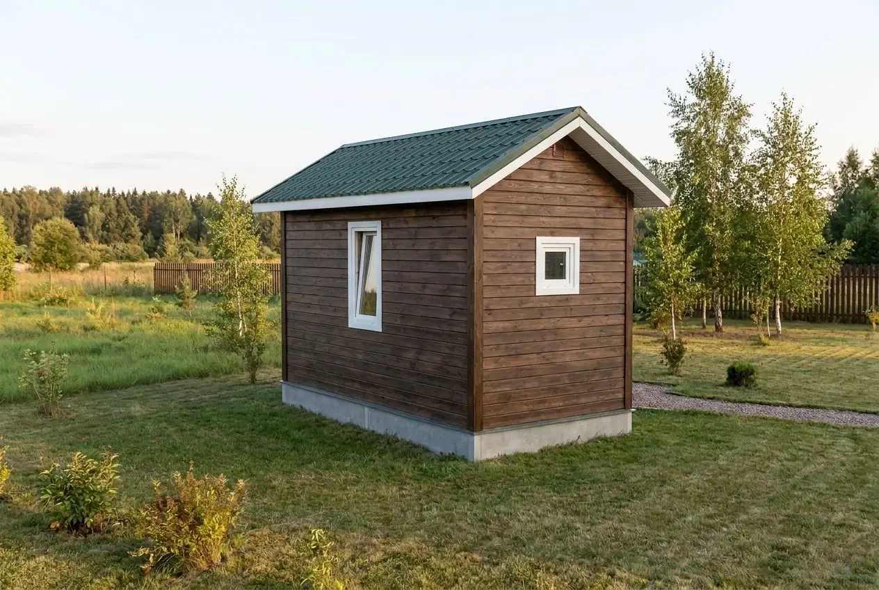 Каркасная баня 3×6 м (моечная, предбанник, парная в ряд) с двускатной кровлей из металлочерепицы, вид сзади-слева: на торце 1 малое окно; на длинной стене 1 окно.