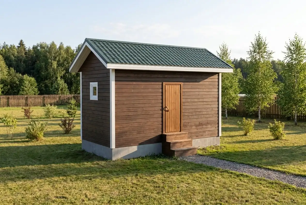 Каркасная баня 3×6 м (моечная, предбанник, парная в ряд) с двускатной кровлей из металлочерепицы, вид спереди-слева: на торце 1 малое окно; на длинной стене глухо и входная дверь со ступенями.