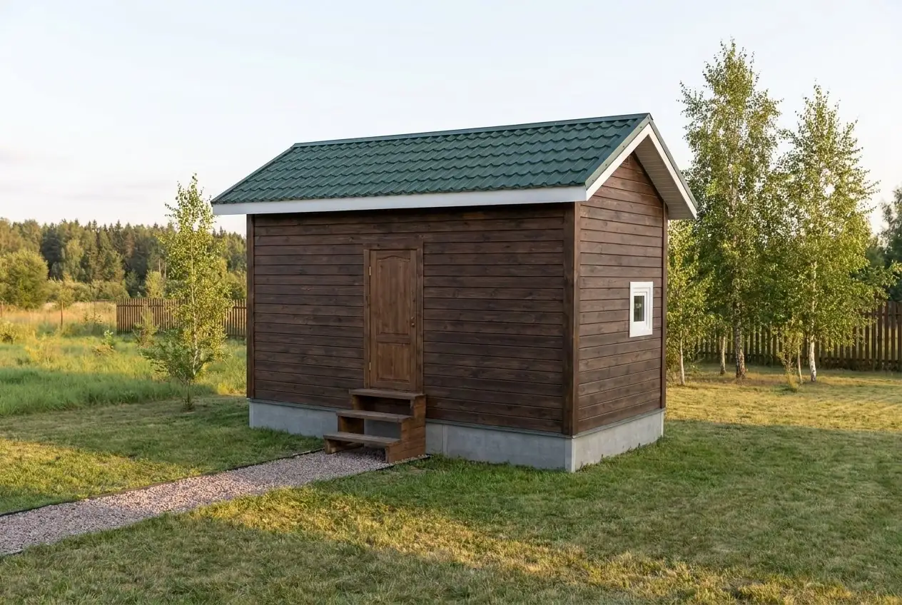 Каркасная баня 3×6 м (моечная, предбанник, парная в ряд) с двускатной кровлей из металлочерепицы, вид спереди-справа: на торце 1 малое окно; на длинной стене глухо и входная дверь со ступенями.