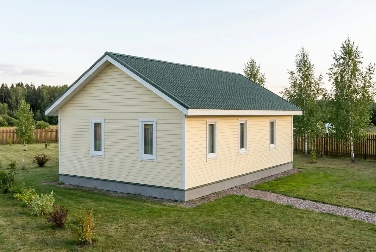 Каркасный дом 8×12 м в один этаж, четыре спальни, с двускатной кровлей из металлочерепицы, вид сзади-справа: на торце 2 окна; на длинной стене 3 окна.