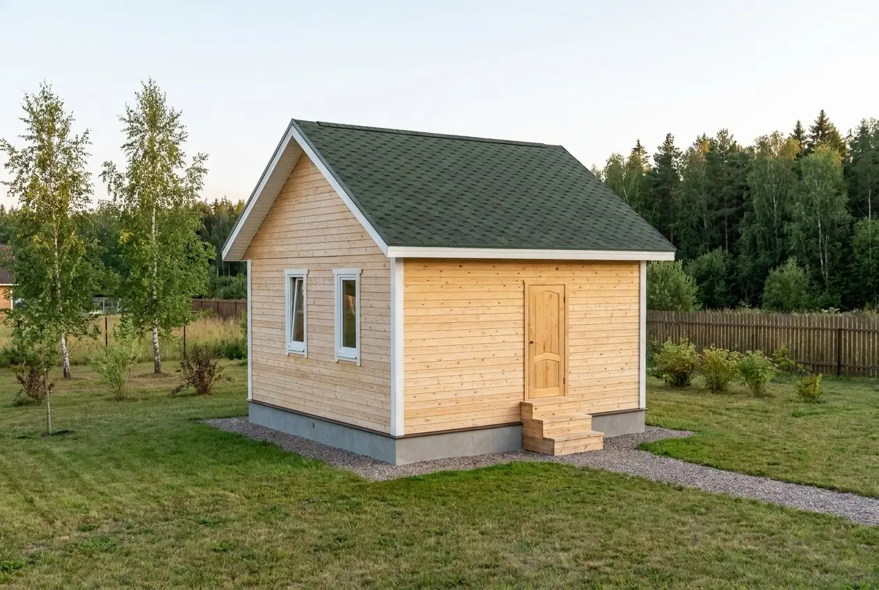 Каркасный дом-студия 6×6 м в один этаж, с двускатной кровлей из мягкой черепицы, вид спереди-слева: на торце 2 окна; на стене под скатом только входная дверь со ступенями.