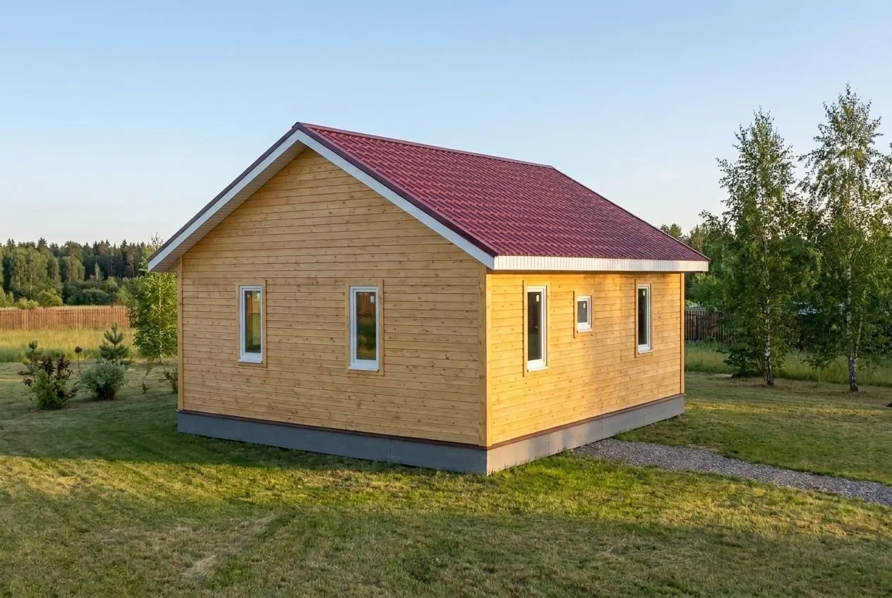 Каркасный дом 8×9 м в один этаж, три спальни, с двускатной кровлей из металлочерепицы, вид сзади-справа: на торце 2 окна; на длинной стене 3 окна.